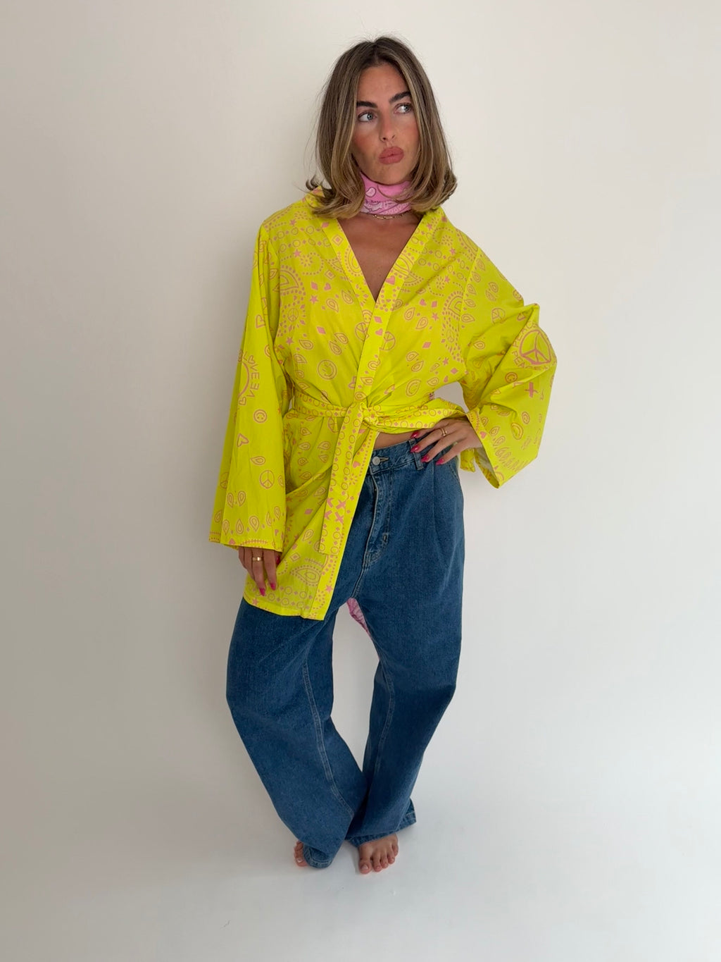 Neon Yellow Bandana Kimono Set