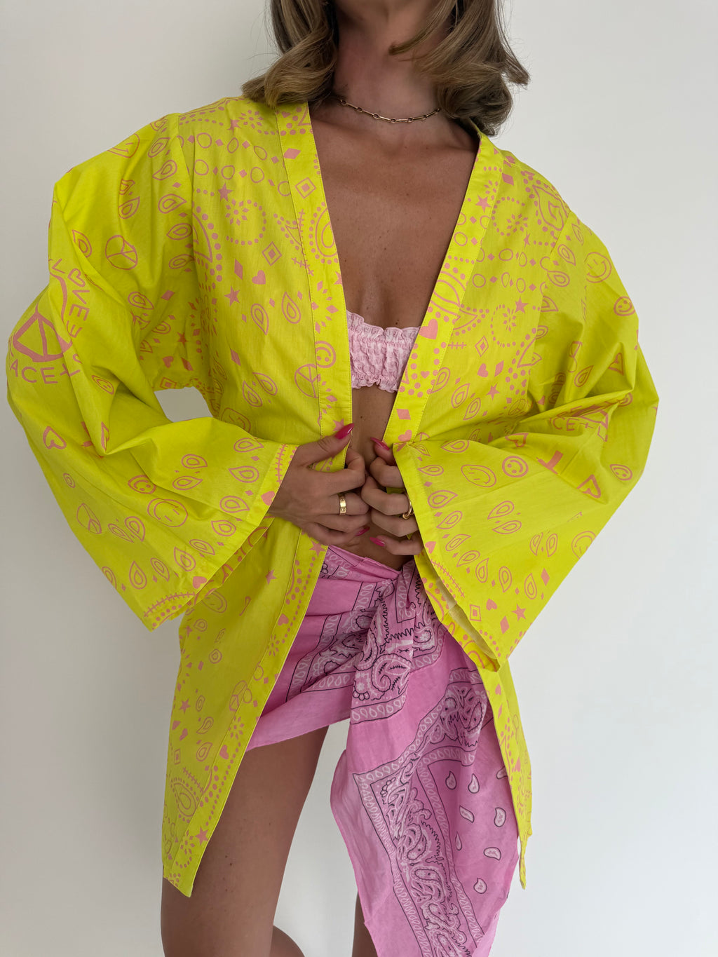 Neon Yellow Bandana Kimono Set
